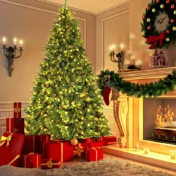Künstlicher Tannenbaum mit LED-Lichterketten Weihnachtsbaum Christbaum mit Klappsystem und Metallständer 210/225/240 cm Grün