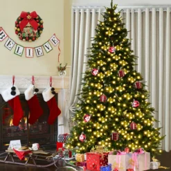 Künstlicher Tannenbaum mit LED-Lichterketten Weihnachtsbaum Christbaum mit Klappsystem und Metallständer 210/225/240 cm Grün