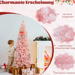 Künstlicher Weihnachtsbaum Bleistift 180 cm Tannenbaum mit Schnee Christbaum mit 460 Zweigspitzen Rosa
