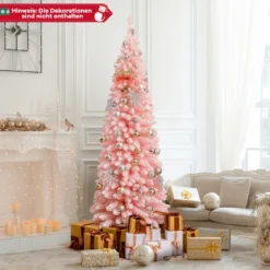 Künstlicher Weihnachtsbaum Bleistift 180 cm Tannenbaum mit Schnee Christbaum mit 460 Zweigspitzen Rosa