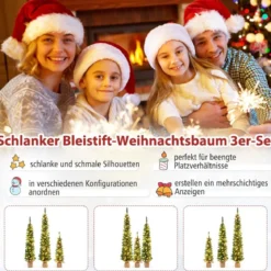 Künstlicher Weihnachtsbaum 3er Set Bleistift Tannenbaum mit Beleuchtung Grün