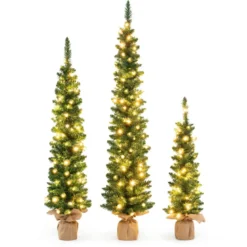 Künstlicher Weihnachtsbaum 3er Set Bleistift Tannenbaum mit Beleuchtung Grün