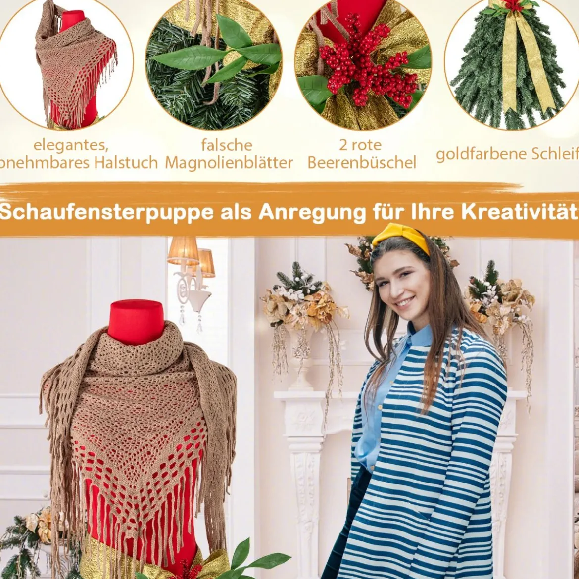 Künstlicher Weihnachtsbaum in Schneiderpuppen Optik mit Abnehmbarem Schal & Roten Beeren