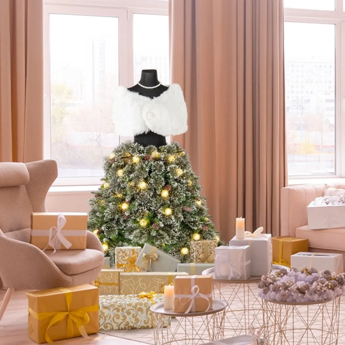 Künstlicher Weihnachtsbaum in Schneiderpuppen Optik mit Schal & Halskette & Beleuchtung