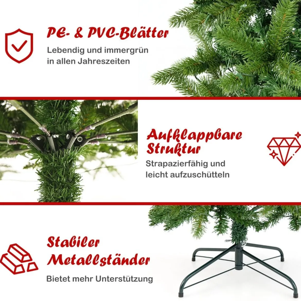 Künstlicher Weihnachtsbaum mit warmweißen & mehrfarbigen LED-Lichtern und 648 dichte Zweigspitzen 180 cm