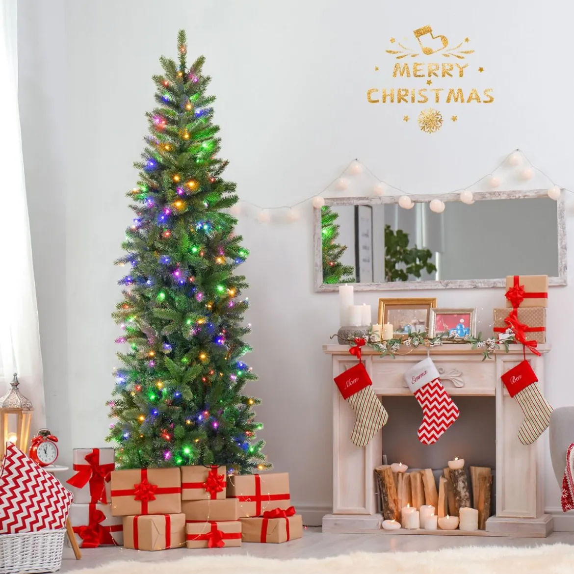Künstlicher Weihnachtsbaum mit warmweißen & mehrfarbigen LED-Lichtern und 648 dichte Zweigspitzen 180 cm