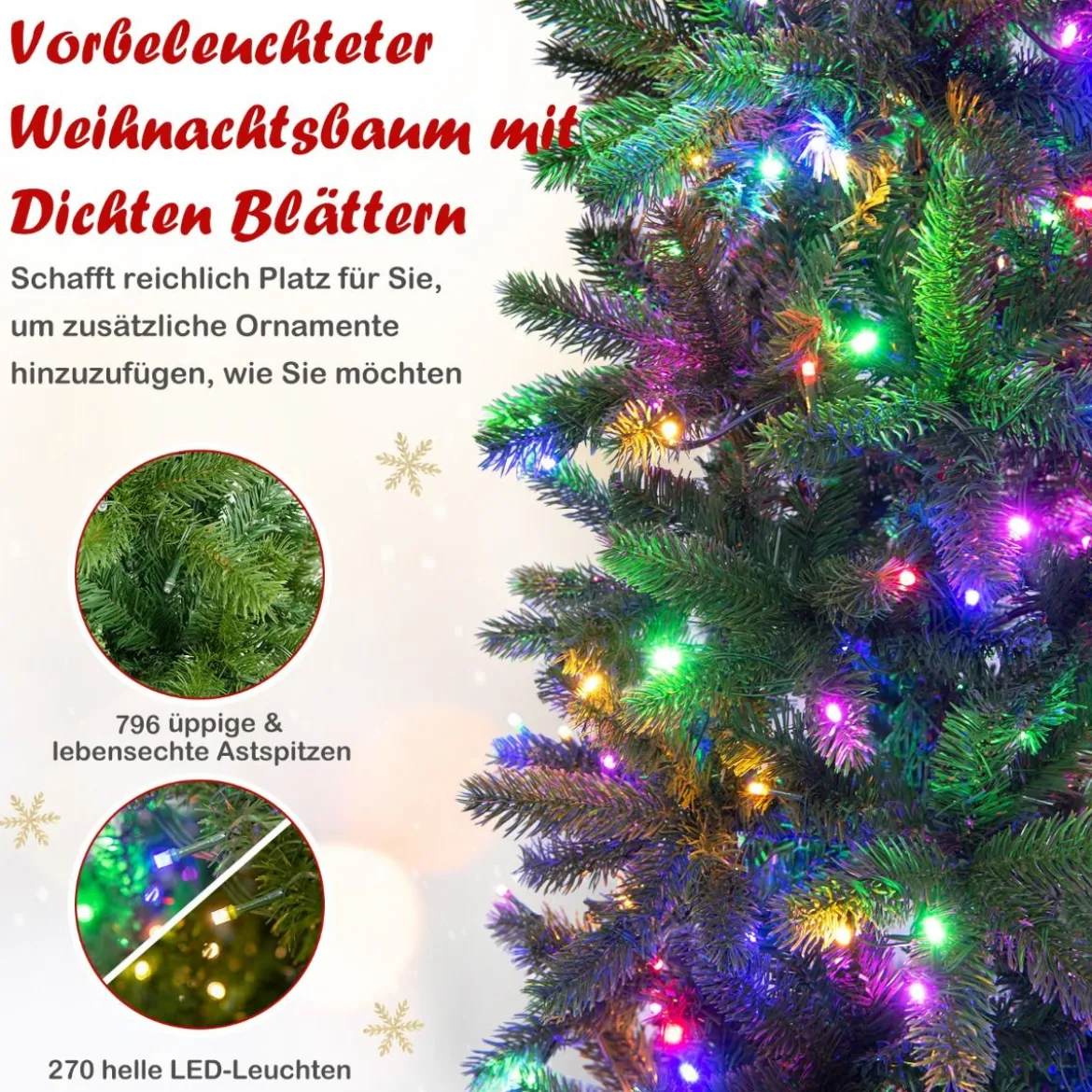 Künstlicher Weihnachtsbaum mit Warmweißen & Mehrfarbigen LED-Lichtern und 796 Dichte Zweigspitzen 225 cm