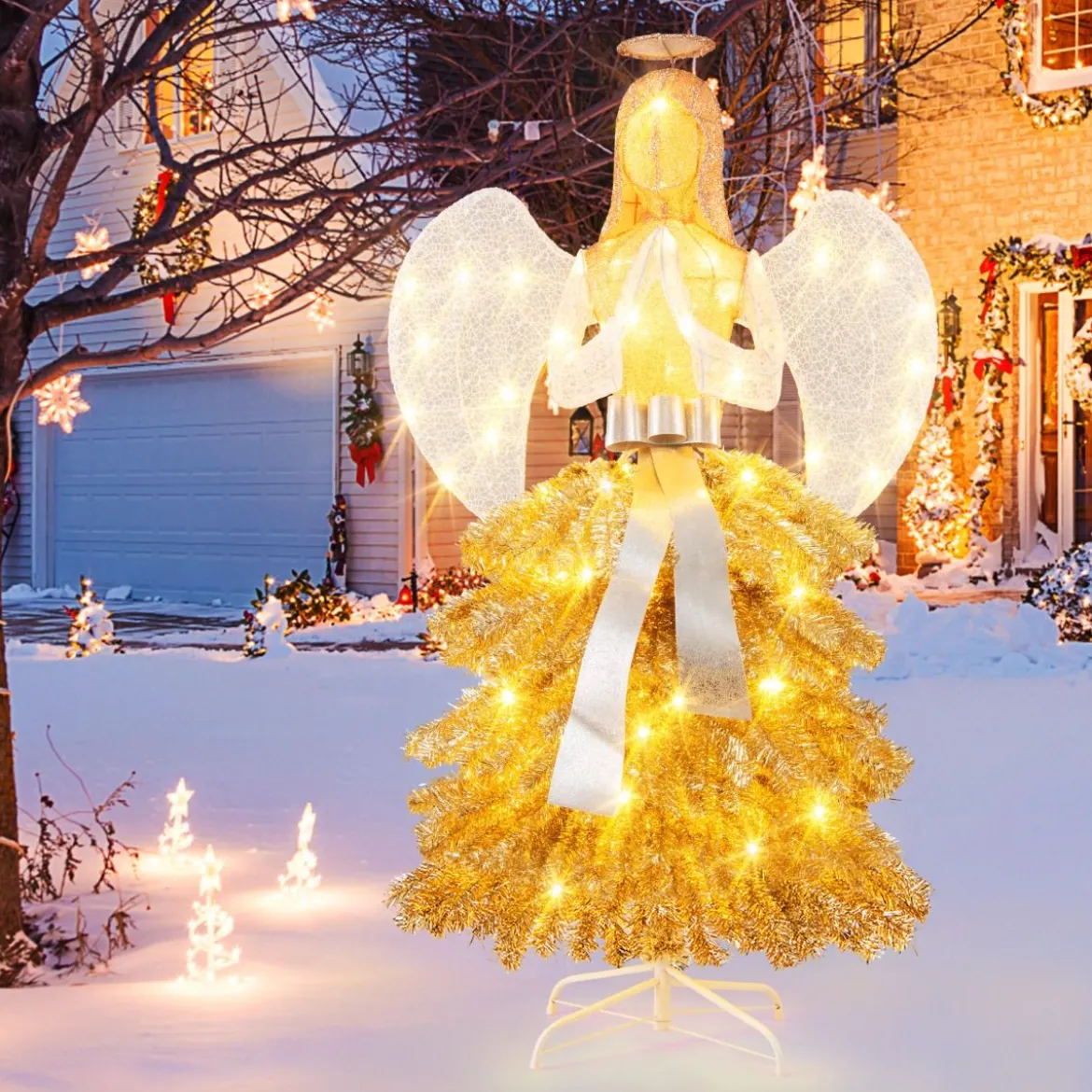 Künstlicher Weihnachtsbaum mit Engelsfigur Weihnachtsdeko mit warmweißen LED-Lichtern