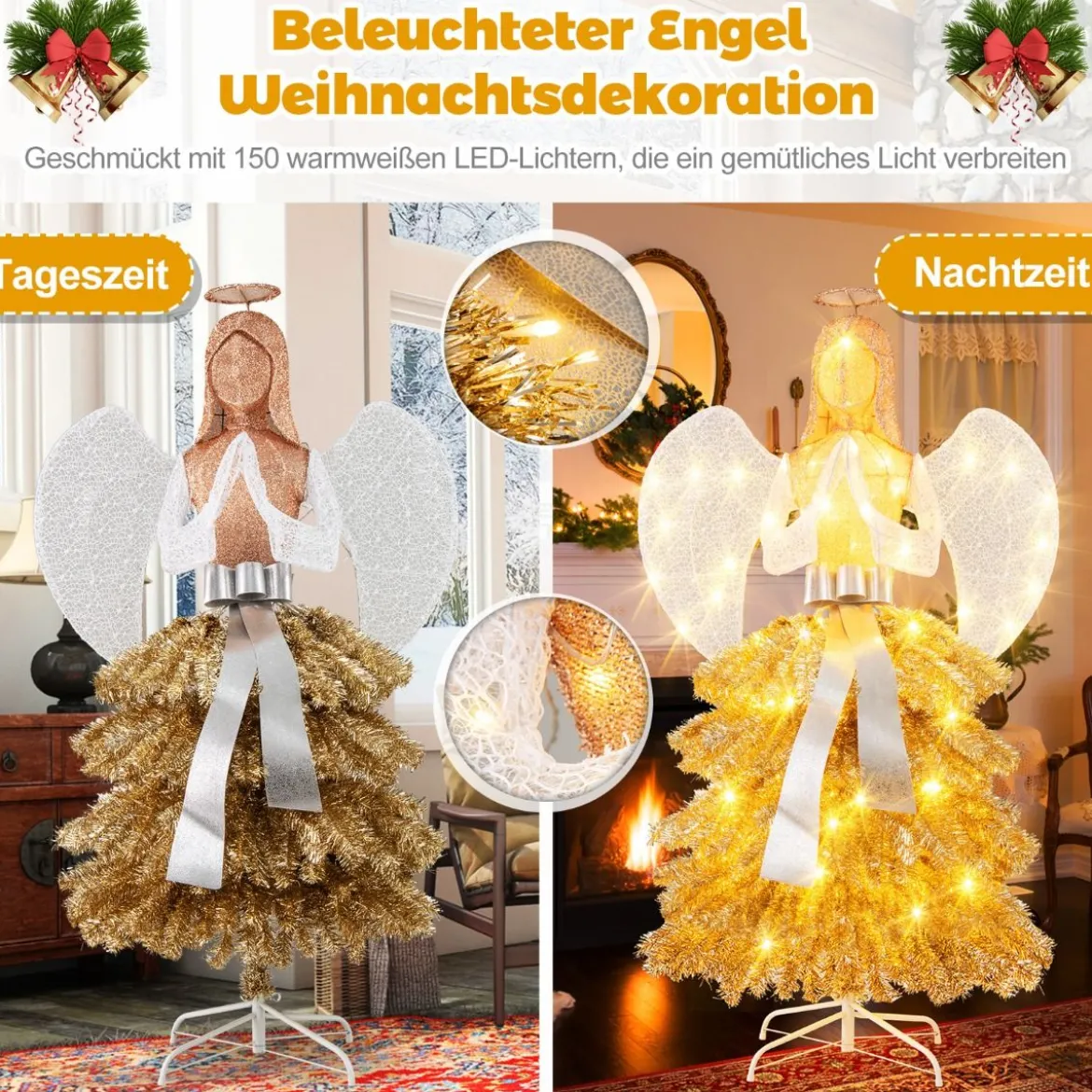 Künstlicher Weihnachtsbaum mit Engelsfigur Weihnachtsdeko mit warmweißen LED-Lichtern