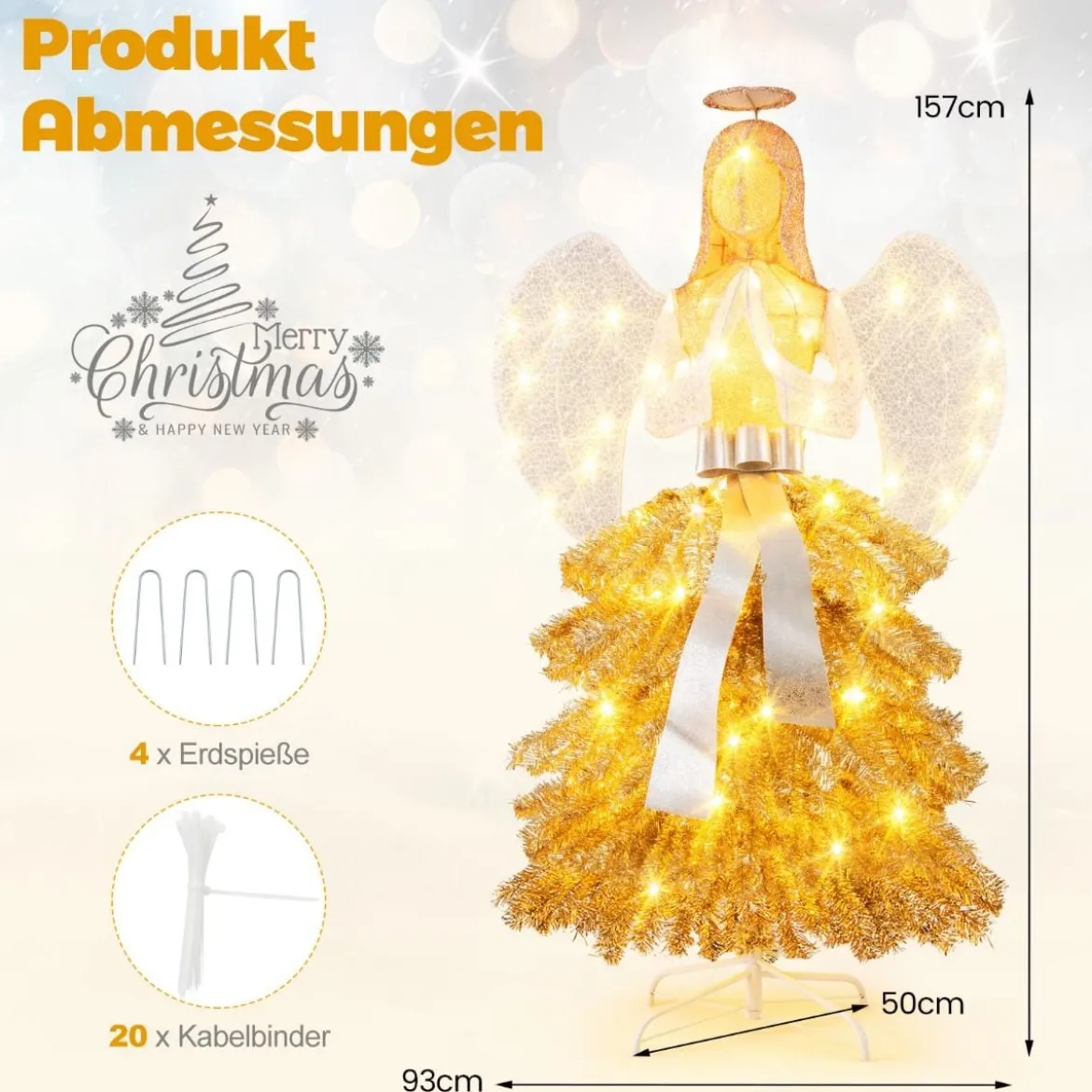 Künstlicher Weihnachtsbaum mit Engelsfigur Weihnachtsdeko mit warmweißen LED-Lichtern