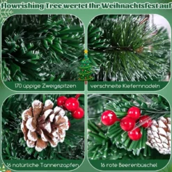 Künstlicher Weihnachtsbaum mit Beleuchtung & Warmweißen LEDs & Roten Beeren & Sternspitze
