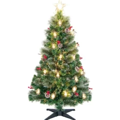 Künstlicher Weihnachtsbaum mit Beleuchtung & Warmweißen LEDs & Roten Beeren & Sternspitze