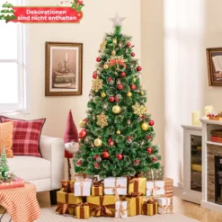 Künstlicher Weihnachtsbaum mit Beleuchtung & Warmweißen LEDs & Roten Beeren & Sternspitze