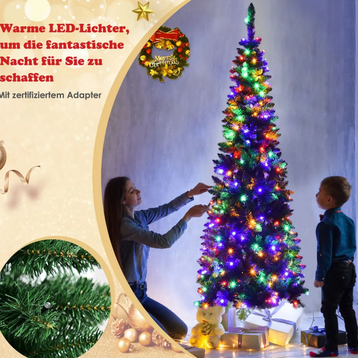 Künstlicher Weihnachtsbaum mit 708 Zweigen und 250 Bunten LED-Lichtern 200 cm