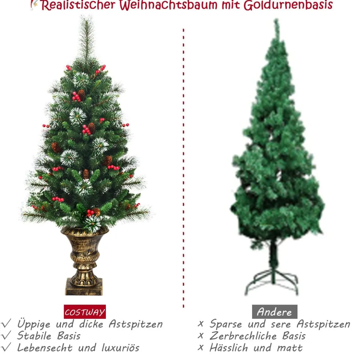 Künstlicher Weihnachtsbaum mit Kiefernzapfen & Roten Beeren 120 cm