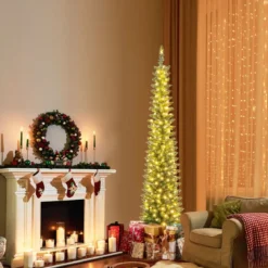 Künstlicher Weihnachtsbaum mit LED-Lichtern Schlanker Christbaum Beleuchteter Festbaum