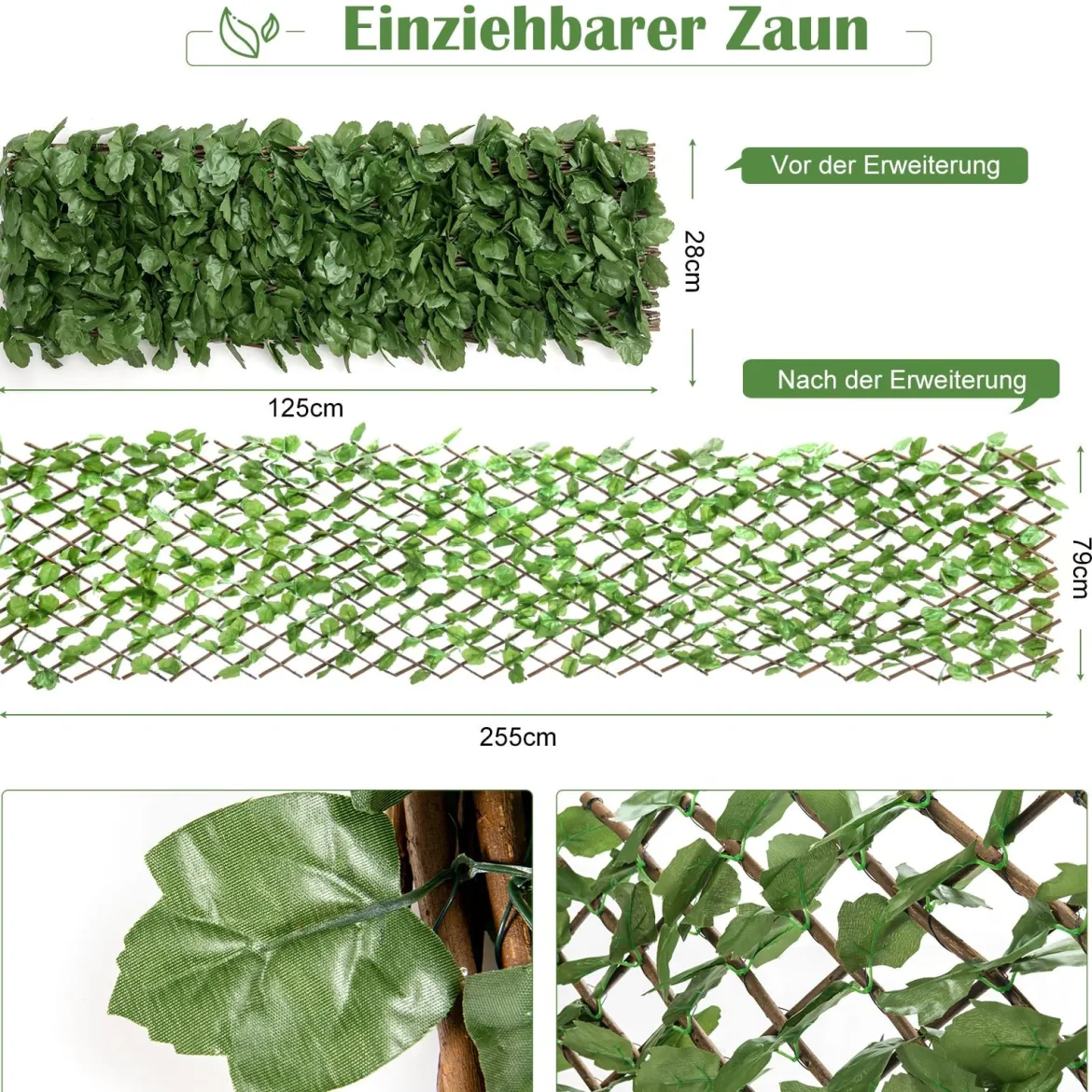 Künstliches Pflanzenwand Hecke Efeublättern Sichtschutz Dreiteiliges Set Heckenpflanze Windschutz für Garten Dekor 125 x 28 cm