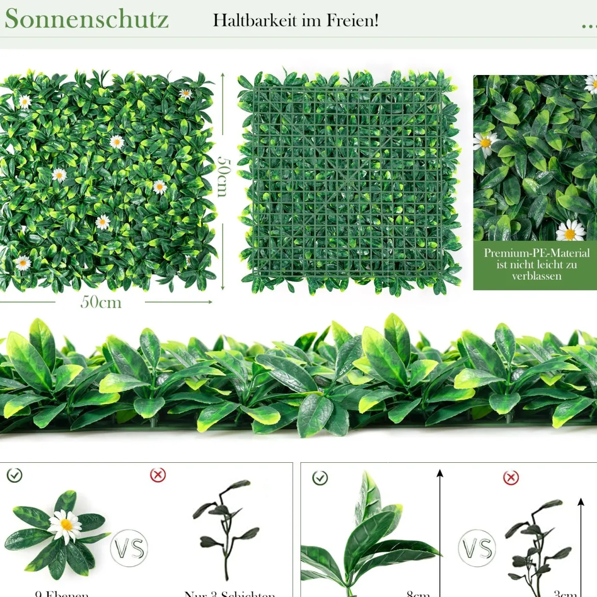 Künstliches Pflanzenwand Hecke Efeublättern Sichtschutz Heckenpflanze Windschutz Grüne Hecke 50 x 50 cm