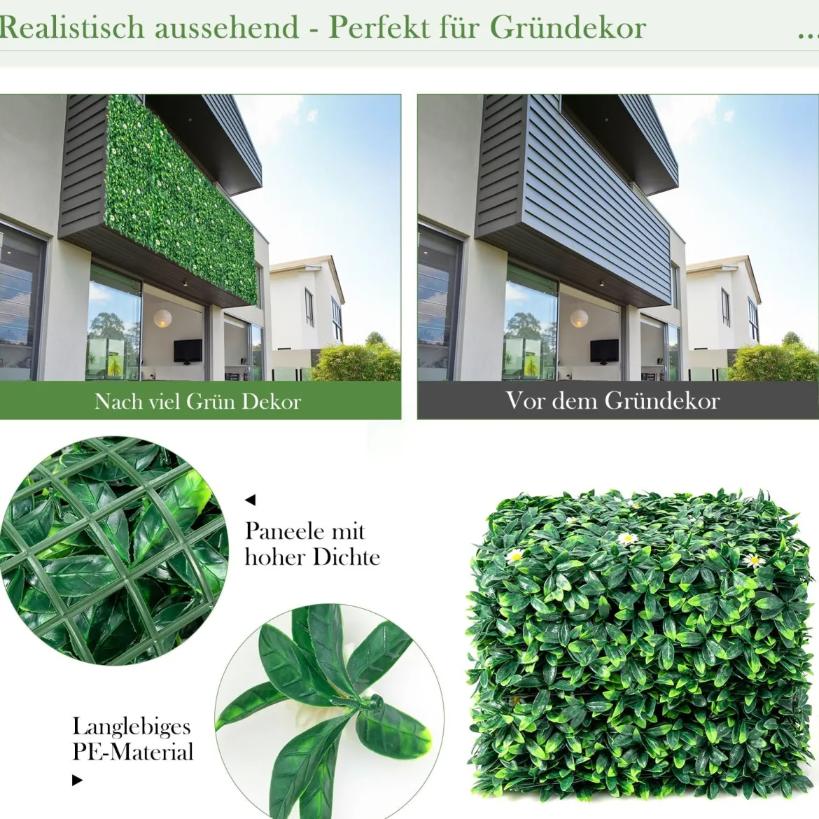 Künstliches Pflanzenwand Hecke Efeublättern Sichtschutz Heckenpflanze Windschutz Grüne Hecke 50 x 50 cm