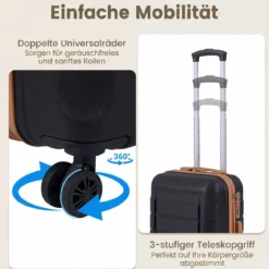 Koffer Set 5 Teilig Erweitbarer Hartschale Reisekoffer mit 1 Reisetasche & 1 Kulturbeutel Schwarz/Beige
