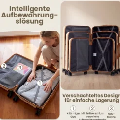 Koffer Set 5 Teilig Erweitbarer Hartschale Reisekoffer mit 1 Reisetasche & 1 Kulturbeutel Schwarz/Beige