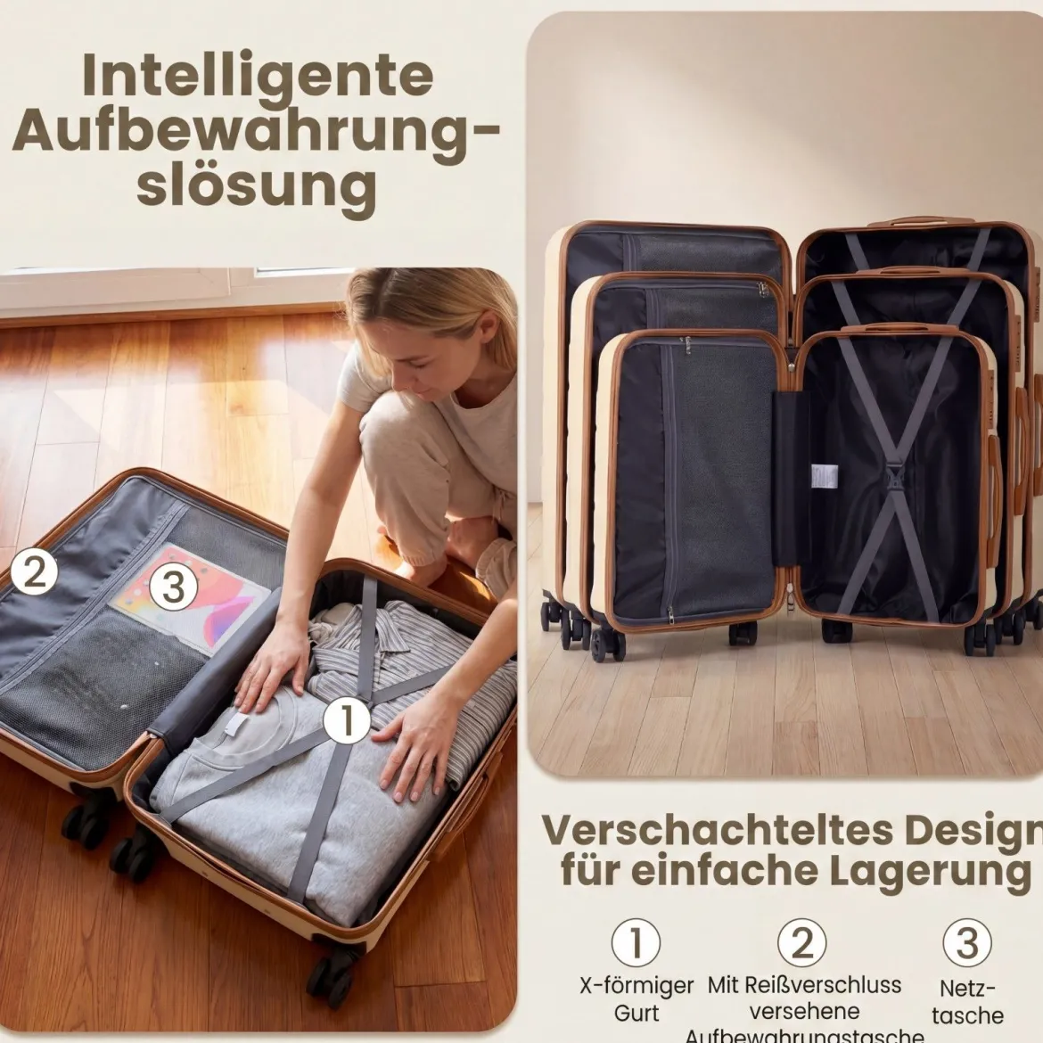 Koffer Set 5 Teilig Erweitbarer Hartschale Reisekoffer mit 1 Reisetasche & 1 Kulturbeutel Schwarz/Beige