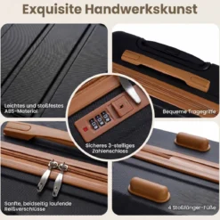 Koffer Set 5 Teilig Erweitbarer Hartschale Reisekoffer mit 1 Reisetasche & 1 Kulturbeutel Schwarz/Beige