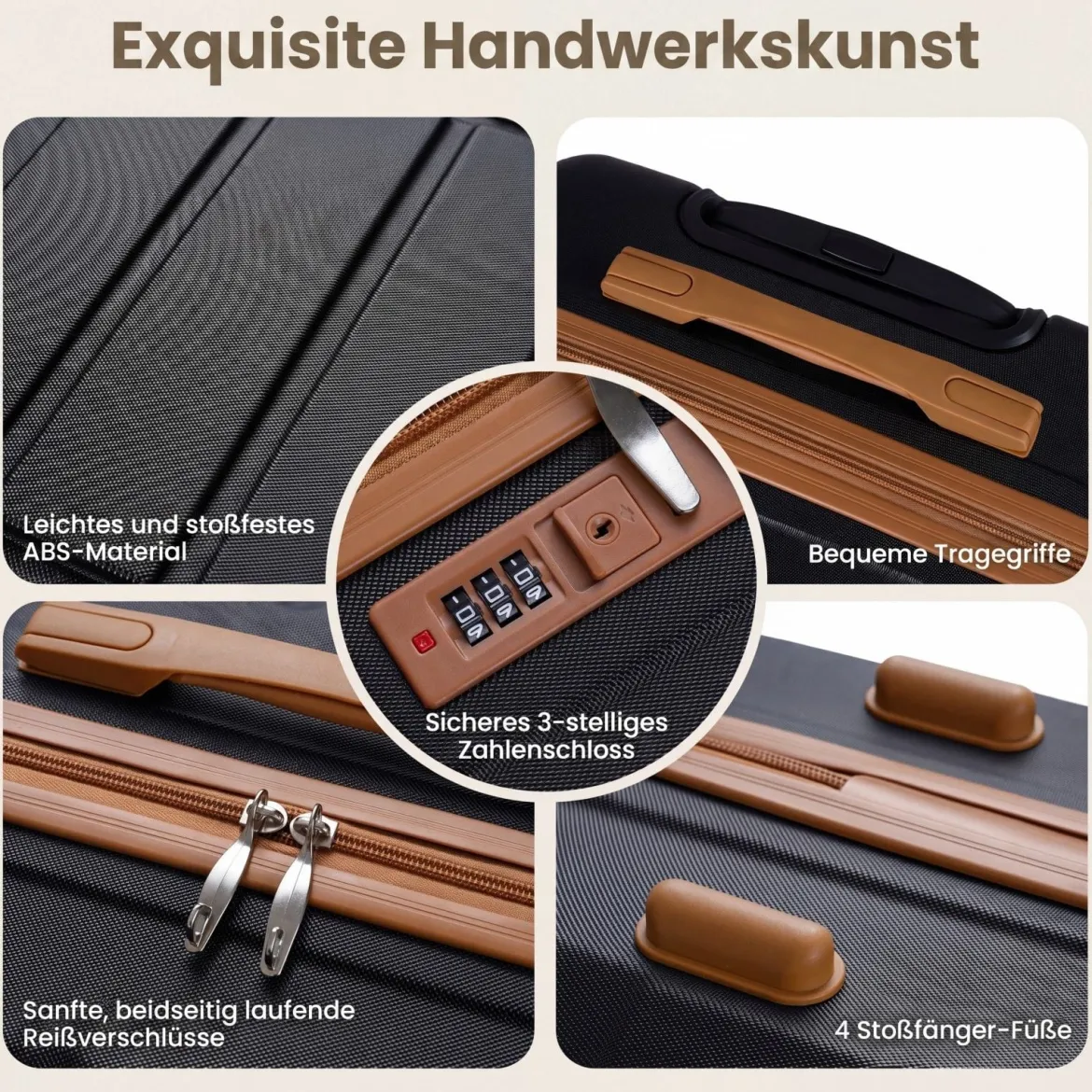 Koffer Set 5 Teilig Erweitbarer Hartschale Reisekoffer mit 1 Reisetasche & 1 Kulturbeutel Schwarz/Beige
