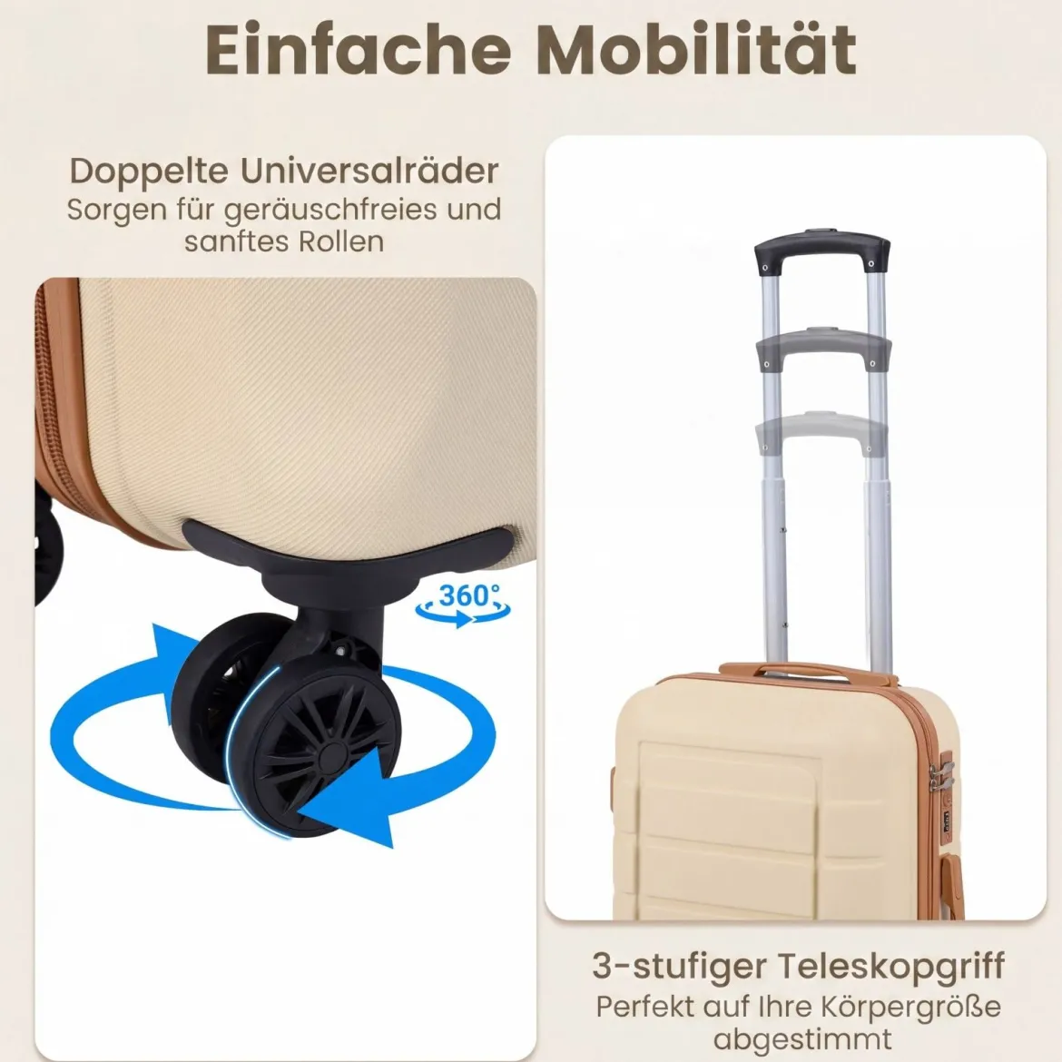 Koffer Set 5 Teilig Erweitbarer Hartschale Reisekoffer mit 1 Reisetasche & 1 Kulturbeutel Schwarz/Beige