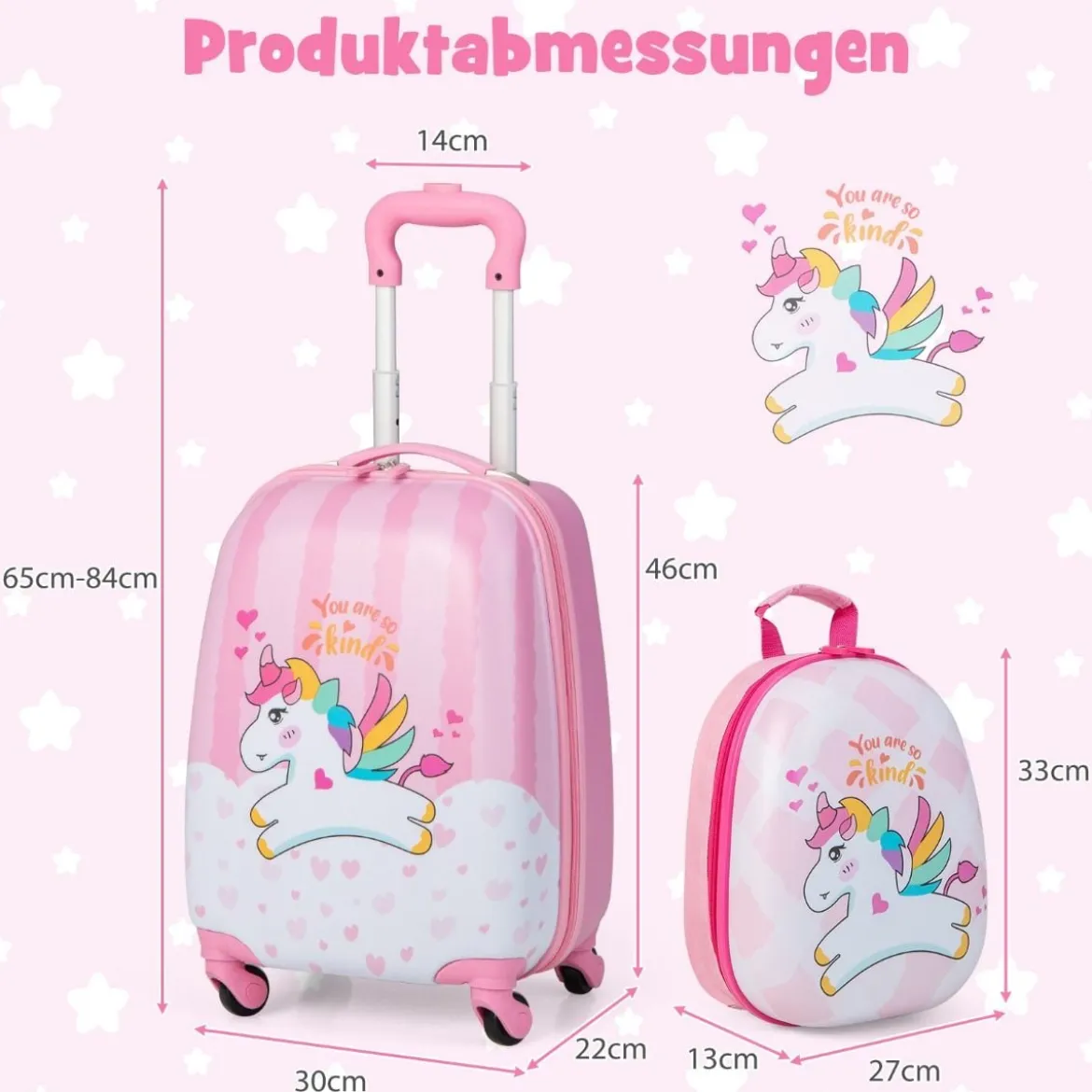 Kofferset 2 tlg Einhorn 16'' Kinderkoffer + 12'' Rucksack Rosa