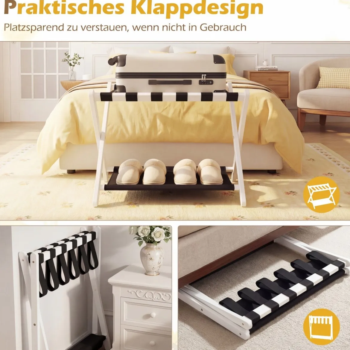 Kofferständer Klappbar Gepäckständer aus Gummibaumholz mit 2 Ablagen 67 x 46 x 52 cm Weiß