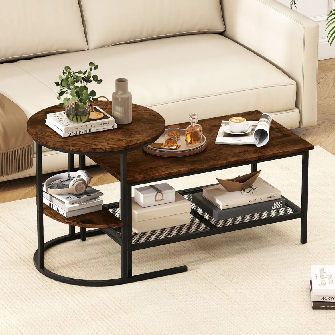 Kombinierbare Couchtische 2-teiliges Kaffeetisch-Set mit Kunstmarmorplatte Braun
