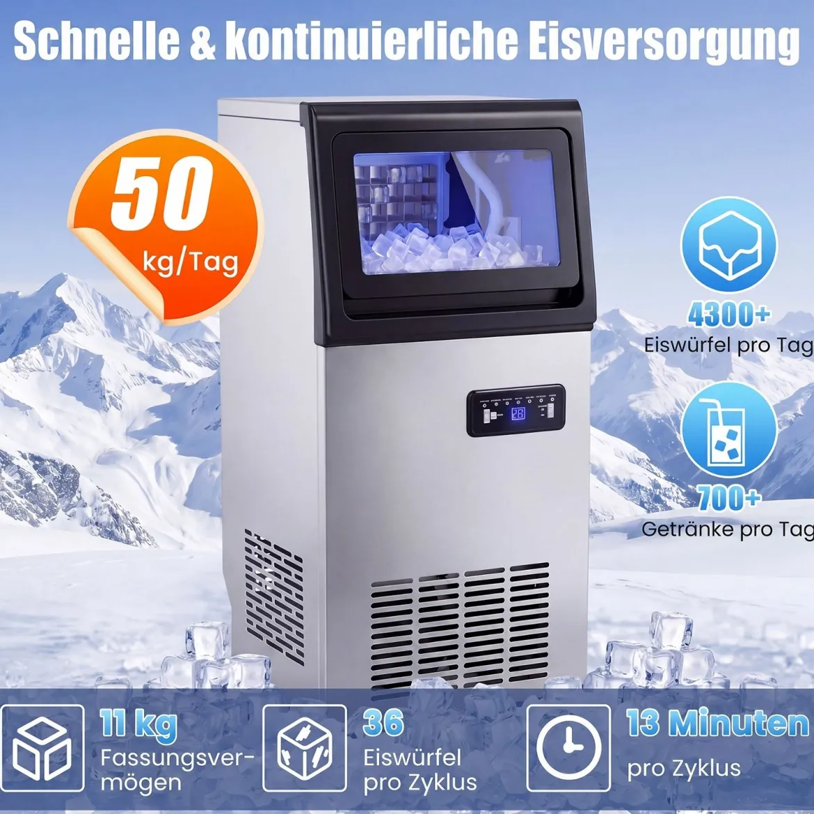 Kommerzielle Eiswürfelmaschine Eiswürfelbereiter 50 kg/24 Std. mit 11 kg Eislagerkapazität