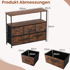 Kommode breiter Schrank mit 2 offenen Holzregalen 5 Schubladen & robustem Metallrahmen Rustikales Braun