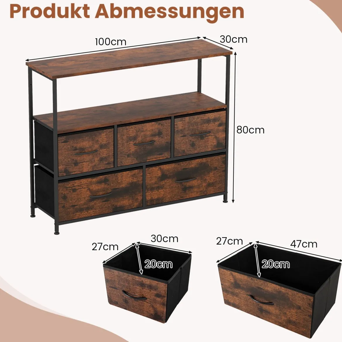 Kommode breiter Schrank mit 2 offenen Holzregalen 5 Schubladen & robustem Metallrahmen Rustikales Braun