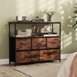 Kommode breiter Schrank mit 2 offenen Holzregalen 5 Schubladen & robustem Metallrahmen Rustikales Braun