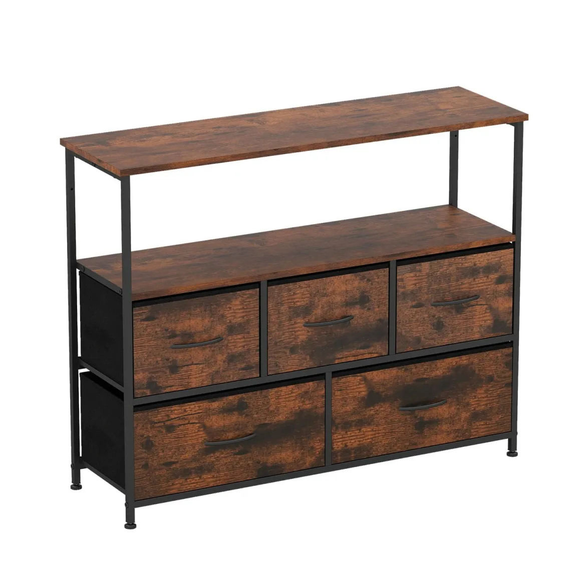 Kommode breiter Schrank mit 2 offenen Holzregalen 5 Schubladen & robustem Metallrahmen Rustikales Braun