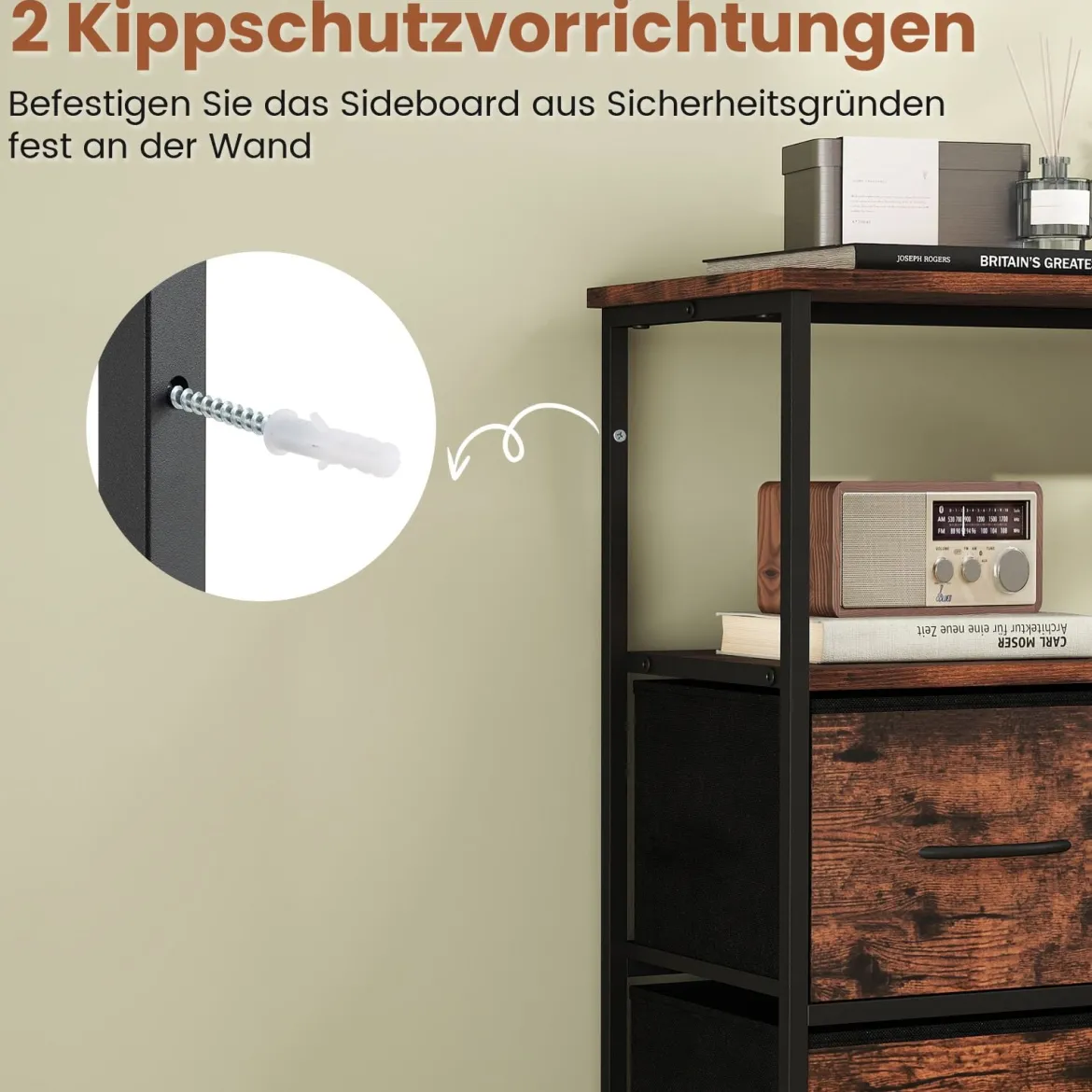 Kommode breiter Schrank mit 2 offenen Holzregalen 5 Schubladen & robustem Metallrahmen Rustikales Braun