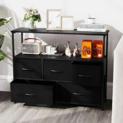 Kommode breiter Schrank mit 2 offenen Holzregalen 5 Schubladen & robustem Metallrahmen Schwarz