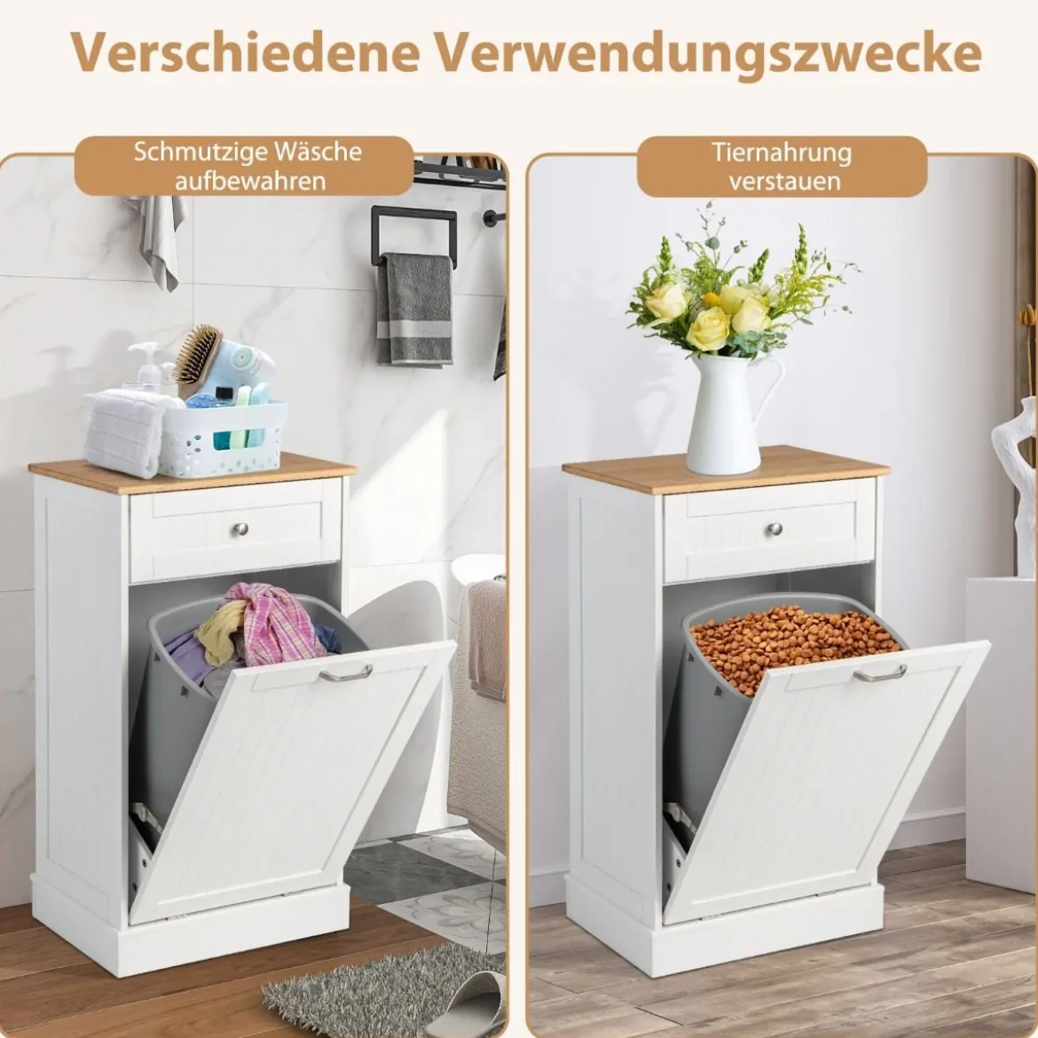Kommode für 40 L Mülleimer Küchenschrank mit Großer Arbeitplatte 52 x 33 x 90 cm Weiß