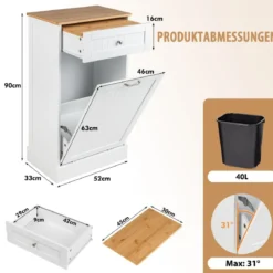 Kommode für 40 L Mülleimer Küchenschrank mit Großer Arbeitplatte 52 x 33 x 90 cm Weiß