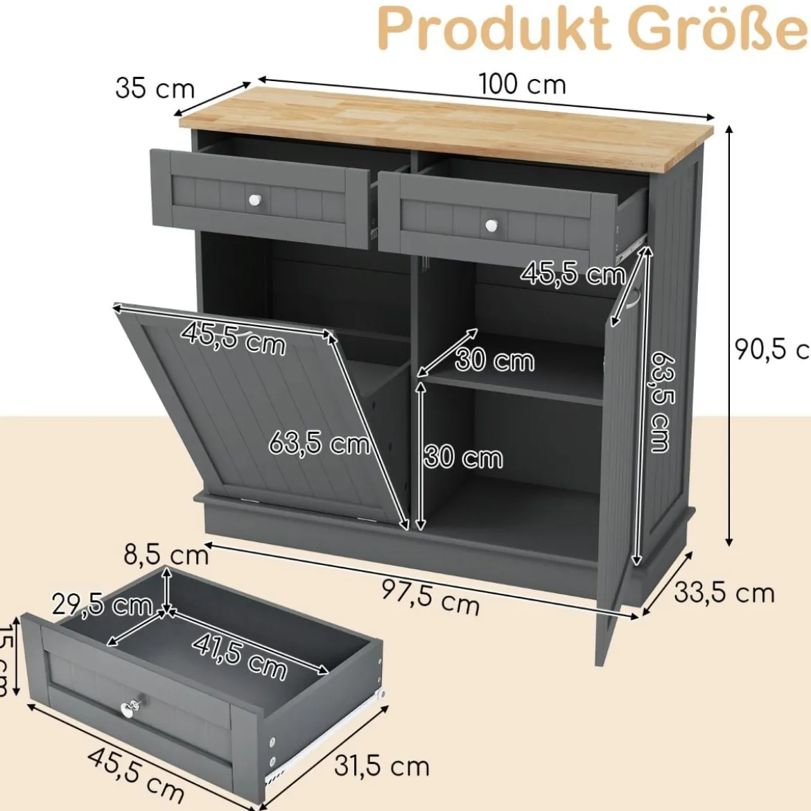 Kommode für 42L Mülleimer mit Arbeitplatte & 2 Schubladen & Verstellbarem Regal Küchenschrank