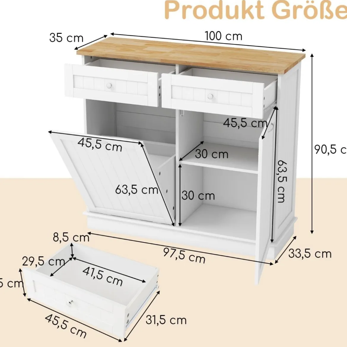Kommode für 42L Mülleimer mit Arbeitplatte & 2 Schubladen & Verstellbarem Regal Küchenschrank