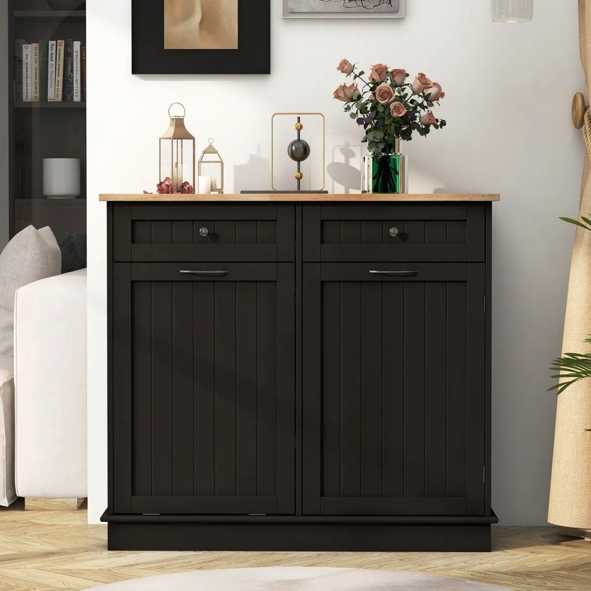 Kommode für 42L Mülleimer mit Arbeitplatte & 2 Schubladen & Verstellbarem Regal Küchenschrank