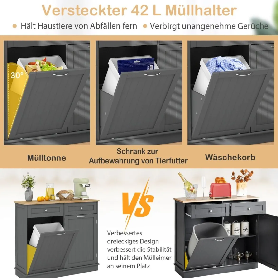 Kommode für 42L Mülleimer mit Arbeitplatte & 2 Schubladen & Verstellbarem Regal Küchenschrank