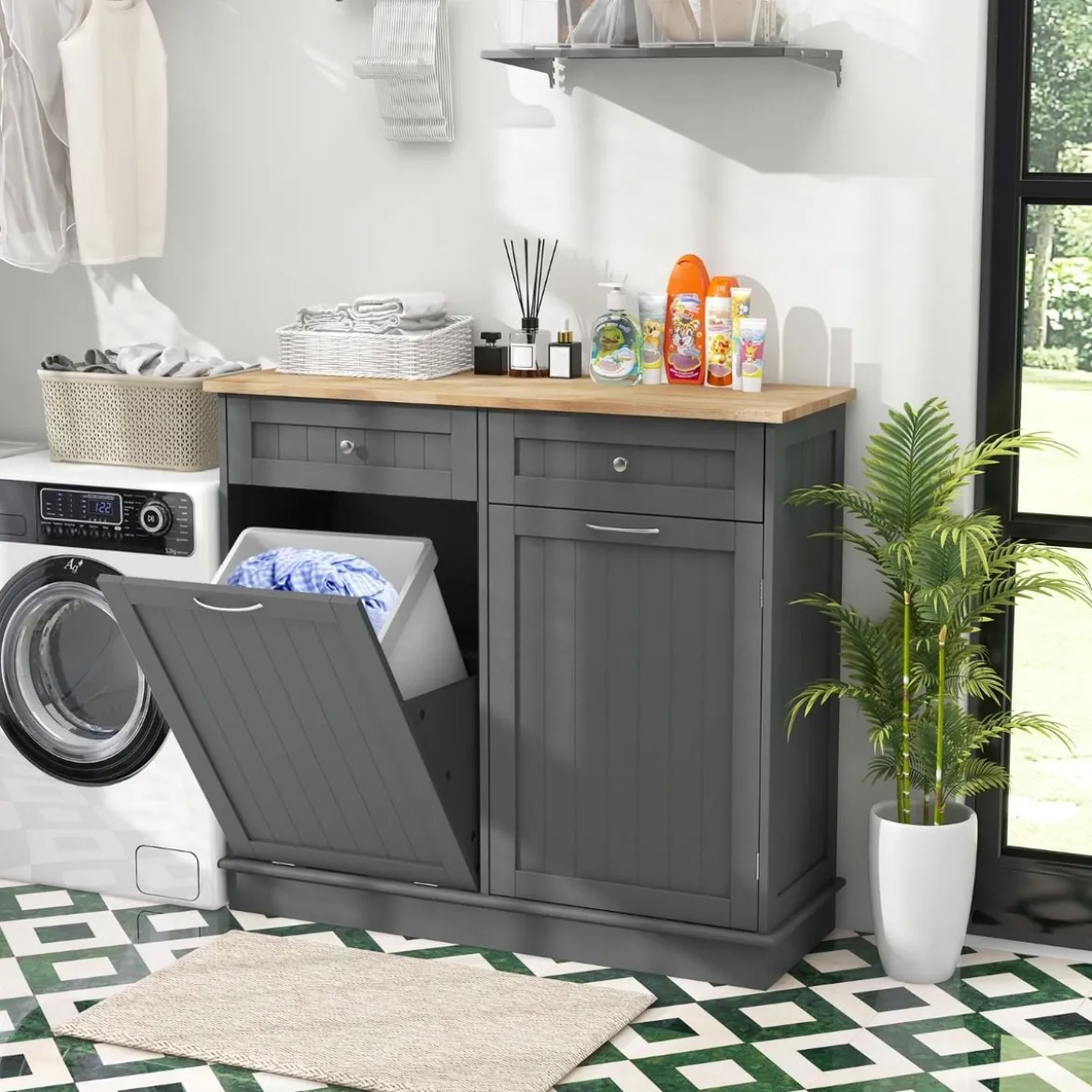 Kommode für 42L Mülleimer mit Arbeitplatte & 2 Schubladen & Verstellbarem Regal Küchenschrank