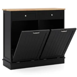 Kommode für Mülleimer mit 2 Türen & Schneidebrett & Holz-Arbeitplatte & 2 Schubladen Schwarz