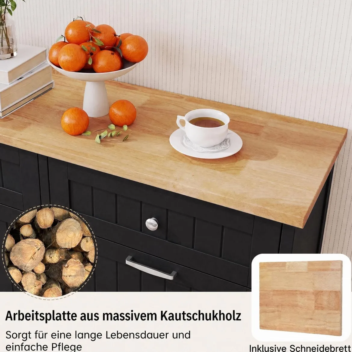 Kommode für Mülleimer mit 2 Türen & Schneidebrett & Holz-Arbeitplatte & 2 Schubladen Schwarz