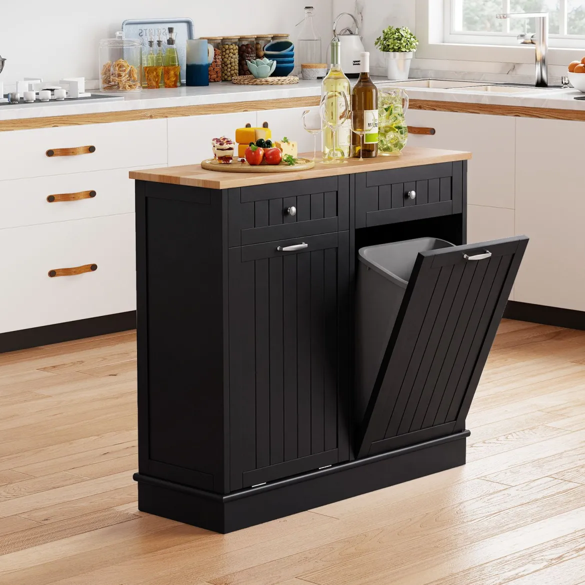 Kommode für Mülleimer mit 2 Türen & Schneidebrett & Holz-Arbeitplatte & 2 Schubladen Schwarz