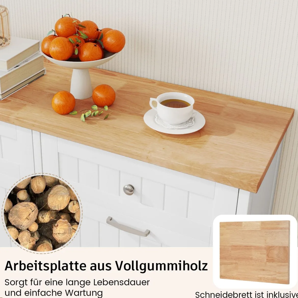 Kommode für Mülleimer mit 2 Türen & Schneidebrett & Holz-Arbeitplatte & 2 Schubladen Weiß